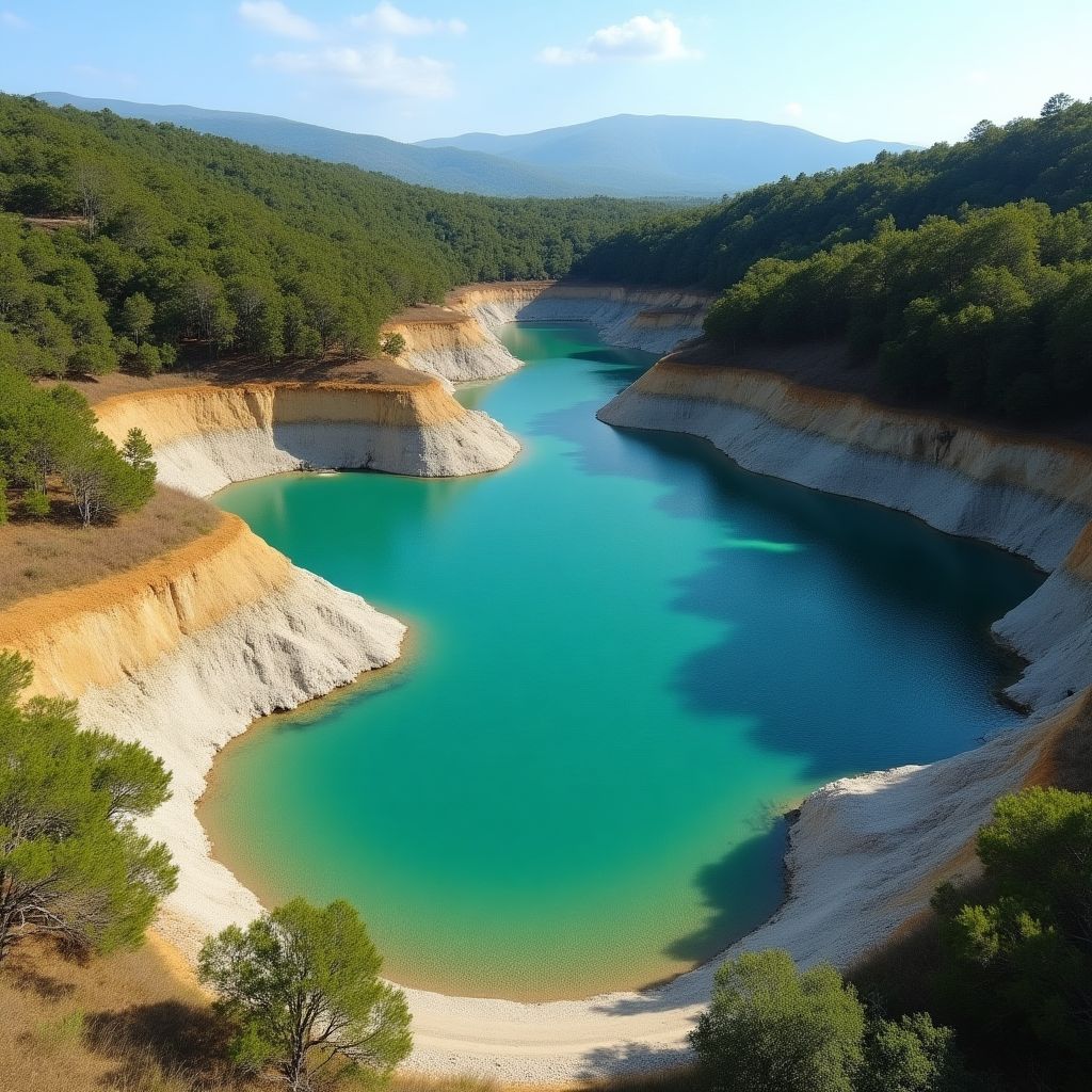 Area mineraria riqualificata con vegetazione e un lago