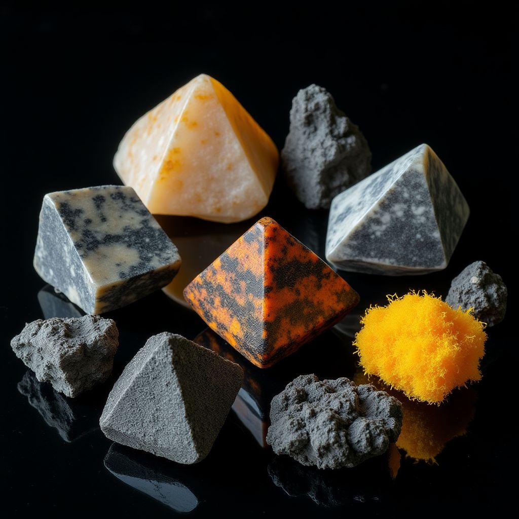 Campioni di minerali vulcanici come l'ossidiana e la pomice